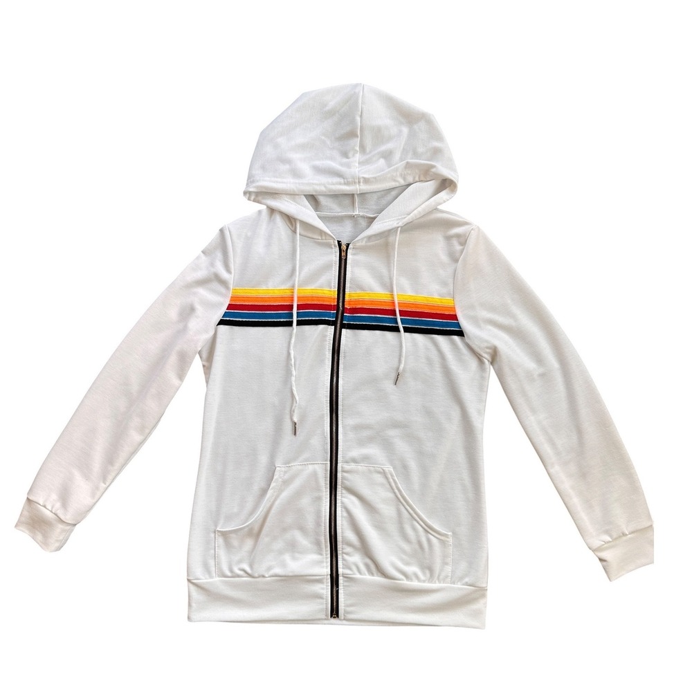 Unbranded Rainbow Stripe Zip Up Hoodie Womens M White Excellent Retro 80s Style